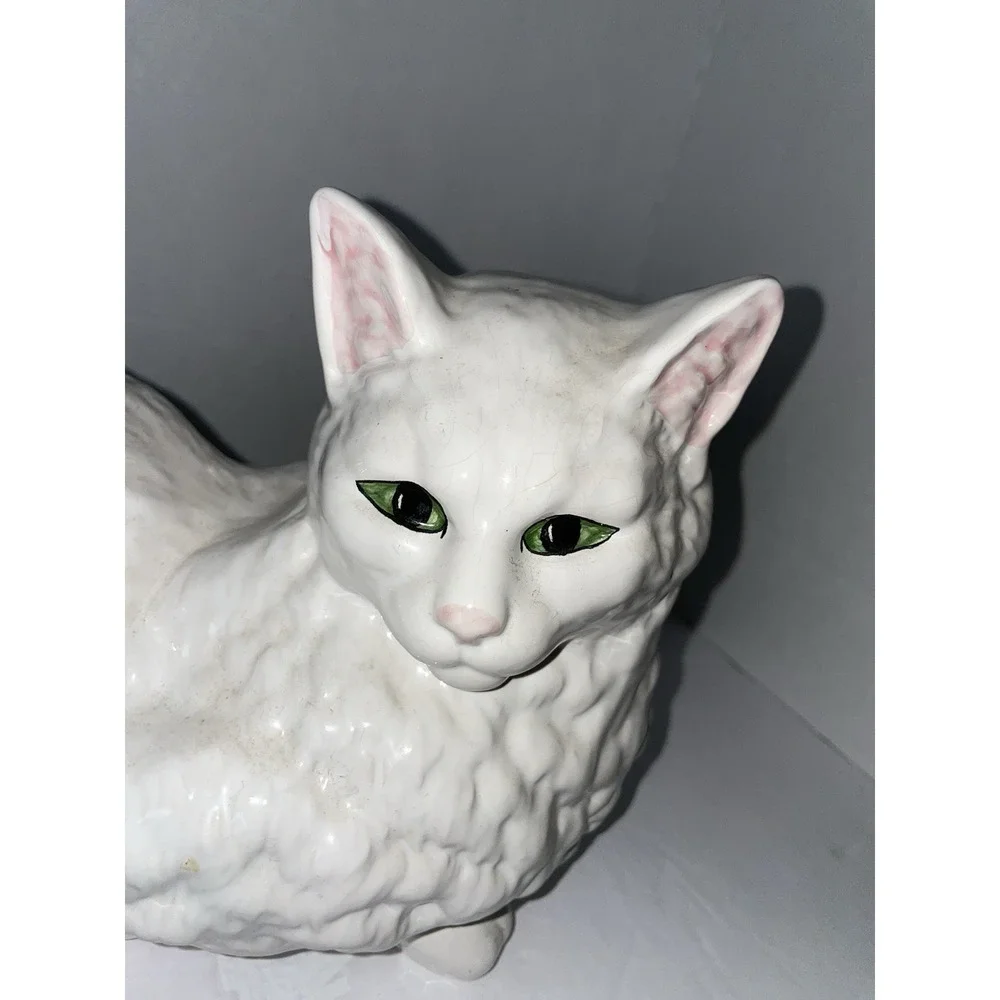 LIFE SIZE White PERSIAN Green Eye Ceramic Cat Sculpture/Statue-Bordallo Pinheiro
